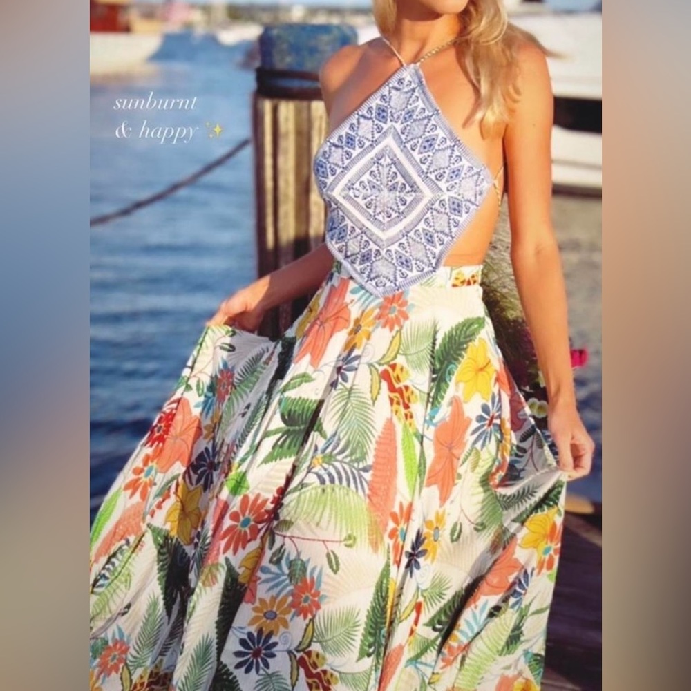 FARM Rio Blue and Multicolor Maxi Dress